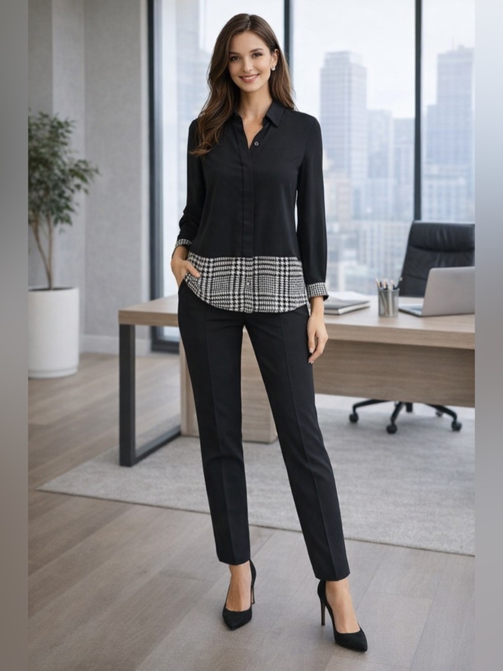 MiCHAEL KORS Black ChiffonHidden Button Down Blouse w/Houndstooth Hem ( XS ) NWT